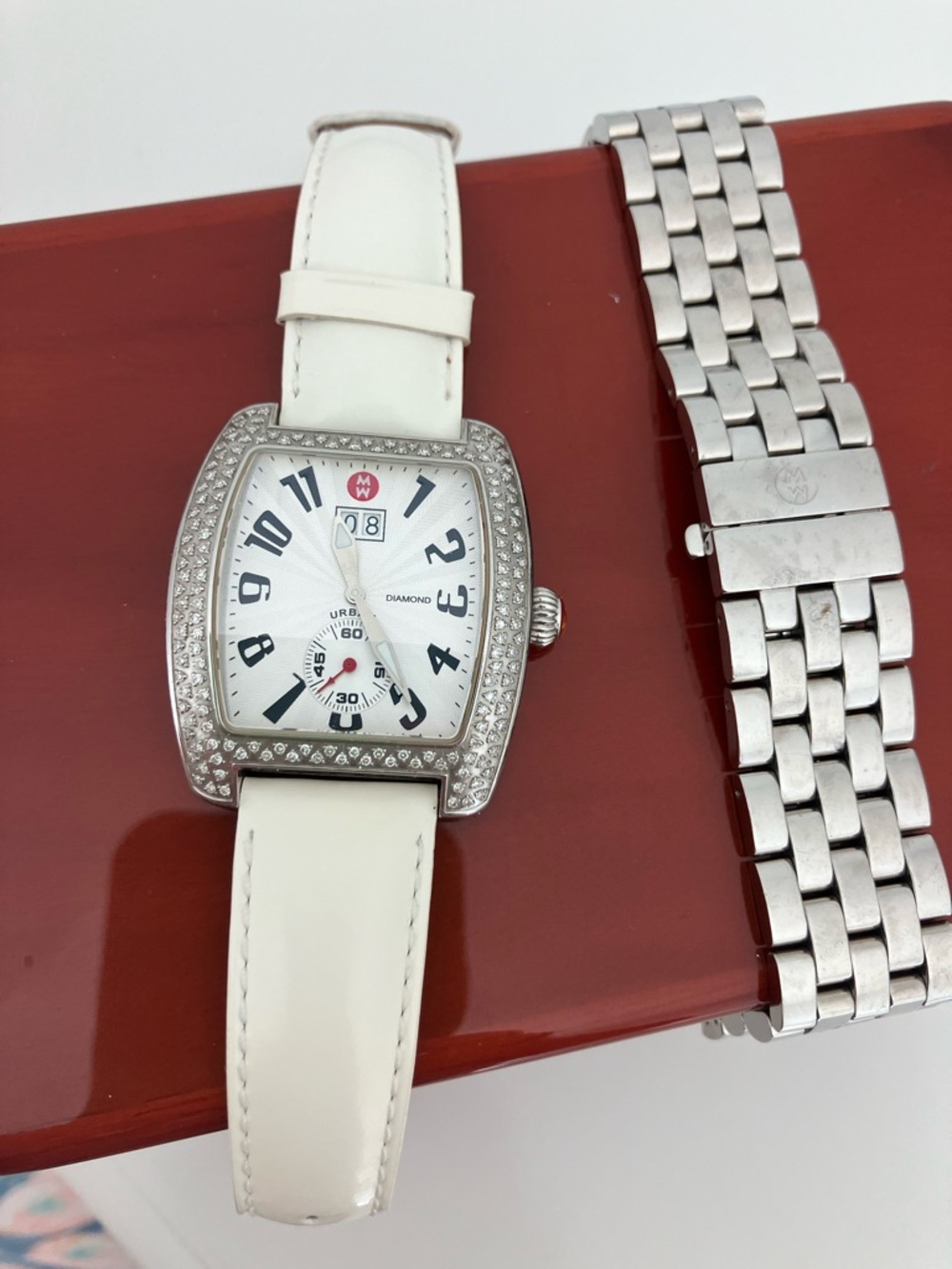 Michele Urban Silver and Patent Leather Strap Diamond Bezel Watch